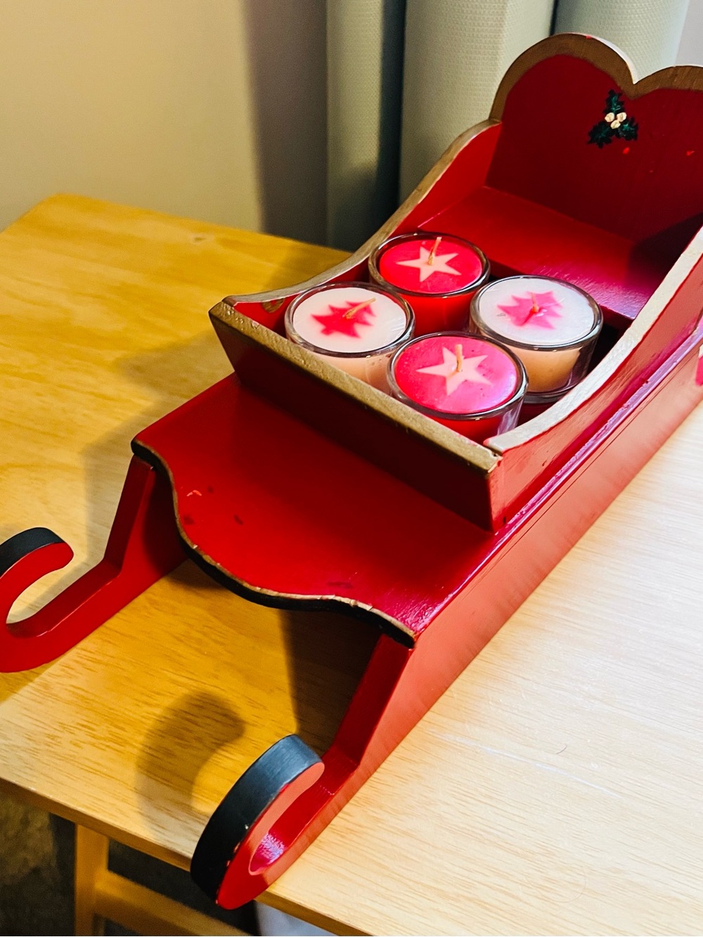 Red Wooden Sleigh Tea Light Candle Holder, Country Christmas Stars, 16 in long